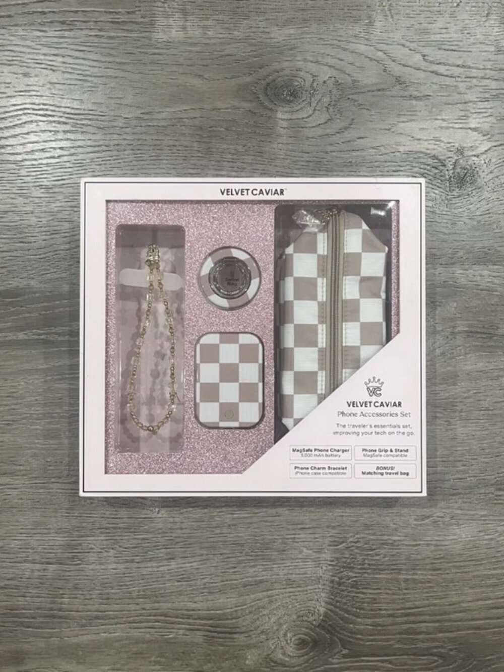 Velvet Caviar Phone Accessories Set (Tan Checkers)